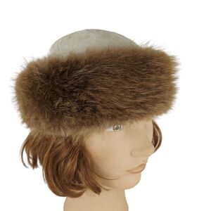 Vintage real fur trimmed and suede leather hat Made in Quebec toque 52 cm